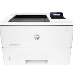 JFM Technology HP LaserJet Pro M501 monochrome laser printer front view with paper tray and control panel on the right side