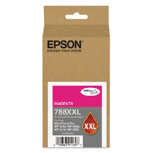 Epson magenta ink cartridge 788XXL in packaging showing EPSON Exceed Your Vision and magenta label