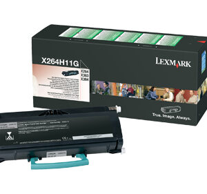 Lexmark toner cartridge box labeled X264H11G with a black toner unit in front and a teal handle visible