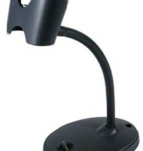 Dark colored desktop microphone on a flexible gooseneck stand with an oval base used for speaking or recording