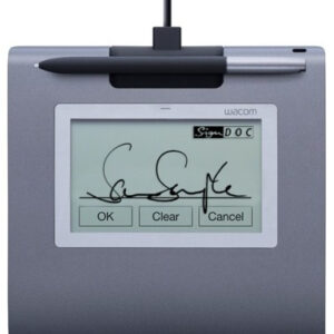 Wacom signature capture pad with attached pen displaying a handwritten signature and OK Clear Cancel buttons