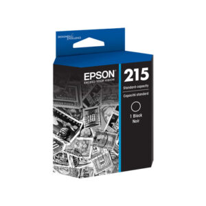 Epson 215 standard capacity black ink cartridge box with blue top and collage pattern on front labeled EPSON and 215