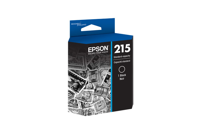 JFM Technology Epson 215 standard capacity black ink cartridge box with blue top and collage pattern on front labeled epson and 215