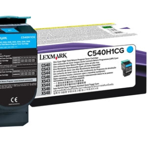 JFM Technology Lexmark c540h1cg high yield cyan toner cartridge with its packaging facing left at an angle