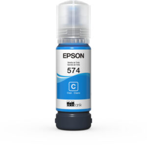 Epson cyan ink bottle labeled 574 standing upright with blue cap and white label