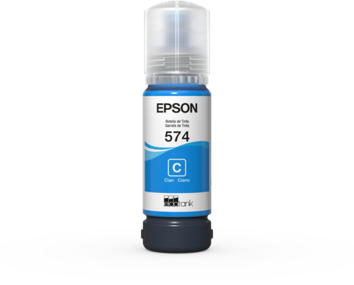 JFM Technology Epson cyan ink bottle labeled 574 standing upright with blue cap and white label