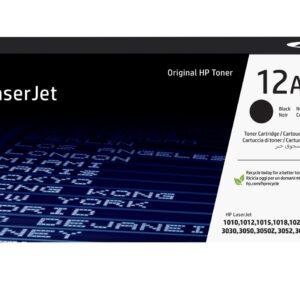 HP LaserJet toner cartridge box with HP logo and Original HP Toner label showing 12A and Black color indicator on a white panel