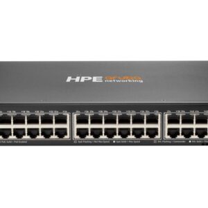 Front view of an hpe aruba networking switch with numerous rj 45 ports and status leds on the front panel 48 port poe for enterprise networks
