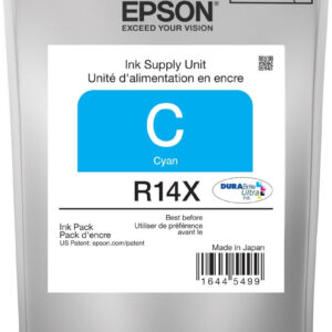 Epson cyan ink supply unit in a sealed silver bag with a blue handle labeled r14x and a cyan color block on the front