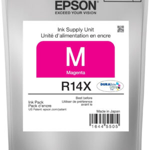 JFM Technology Epson magenta ink supply unit in a silver pouch with a pink top handle labeled m magenta r14x