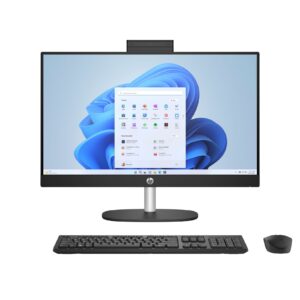 JFM Technology HP all in one desktop on a stand with a wireless keyboard and mouse shown from the front
