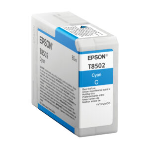 Epson T8502 cyan ink cartridge 80 ml shown at an angle with blue labeling
