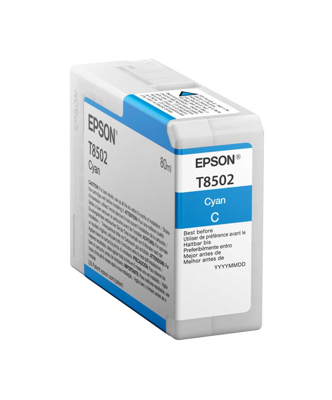 JFM Technology Epson t8502 cyan ink cartridge 80 ml shown at an angle with blue labeling