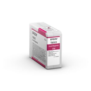 Epson T8503 Vivid Magenta ink cartridge box on a white surface packaging shown