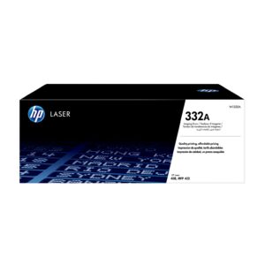Hp laser 332a toner cartridge box black and white packaging with hp logo on left and product name on right edge