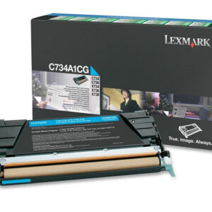 Lexmark toner cartridge model c734a1cg in front of its black packaging box with the lexmark logo on the right side