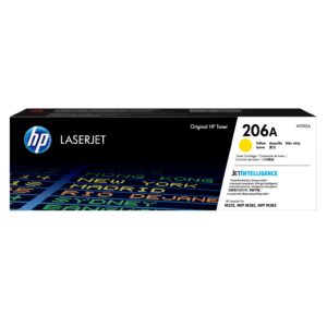 HP LaserJet original toner box with HP logo LASERJET text 206A and a yellow color dot indicating yellow toner