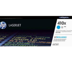 HP LaserJet 410X cyan toner cartridge box with HP logo and LaserJet branding on a white and black package