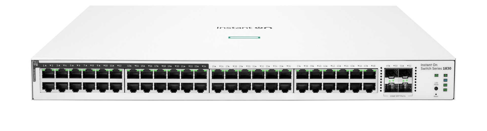 JFM Technology Front view of an Instant On Switch Series 1830 network switch with 48 Ethernet ports and two 1Gb SFP ports on the right