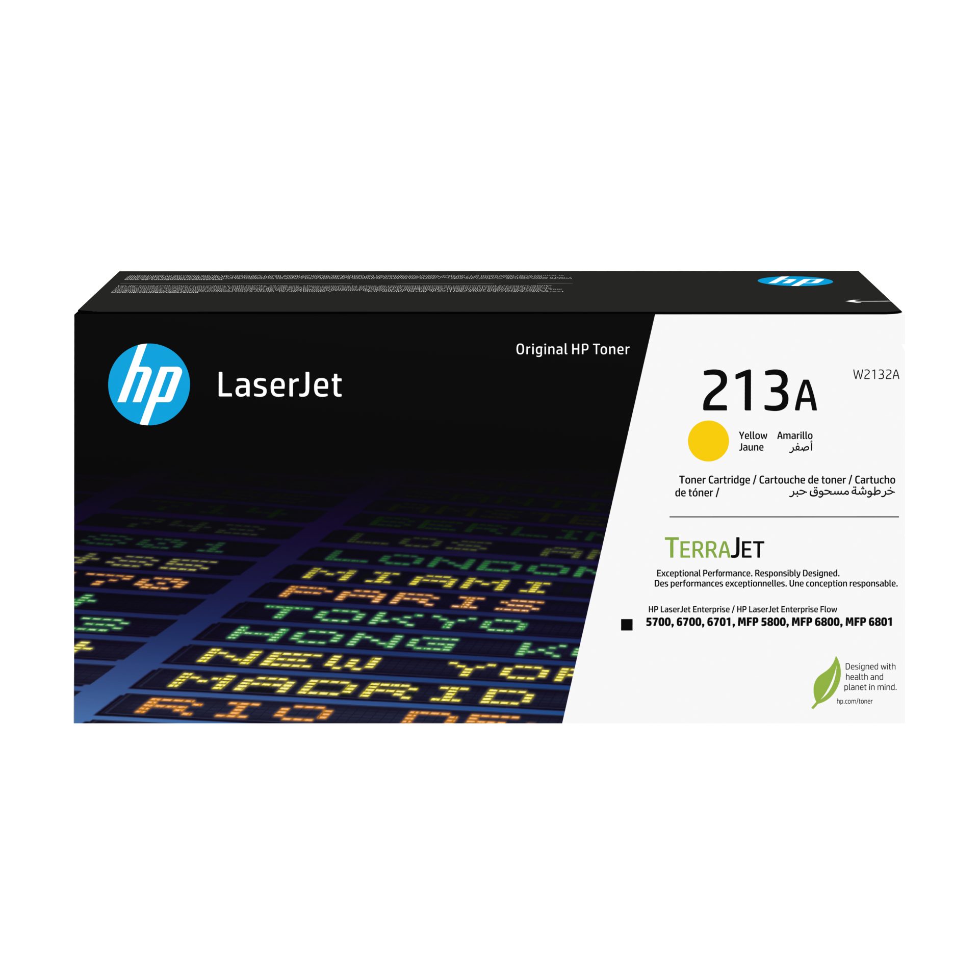 JFM Technology Hp laserjet toner cartridge packaging with hp logo and model 213a visible on the front label black and white design