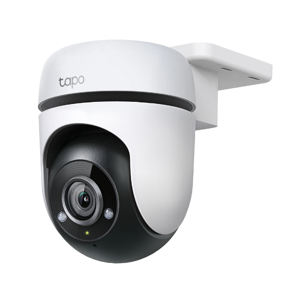 JFM Technology White tapo dome security camera mounted on a wall bracket angled downward for surveillance