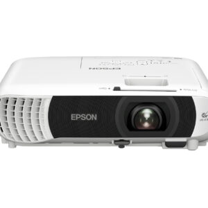 Front view of a white epson projector with a large lens and vented grille on the left side