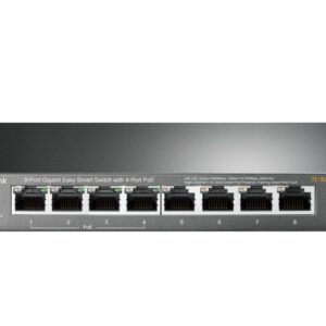 JFM Technology Front view of a tp link 8 port gigabit poe switch tl sg108pe with numbered ethernet ports 18 and status leds at the top edge