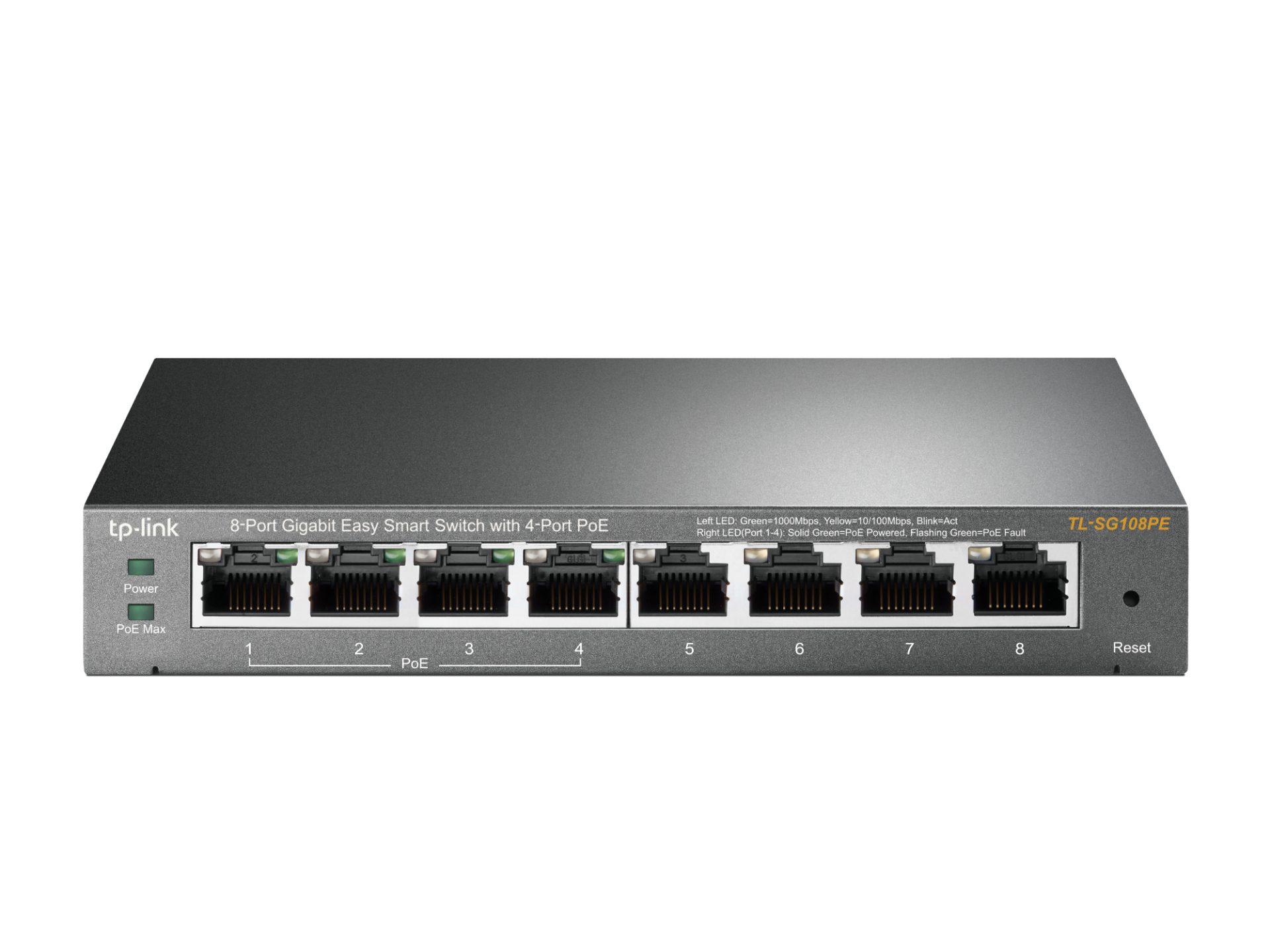 JFM Technology Front view of a tp link 8 port gigabit poe switch tl sg108pe with numbered ethernet ports 18 and status leds at the top edge