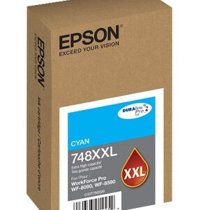 Epson cyan high capacity printer ink cartridge box labeled 748XXL with barcode and Epson branding Exceed Your Vision