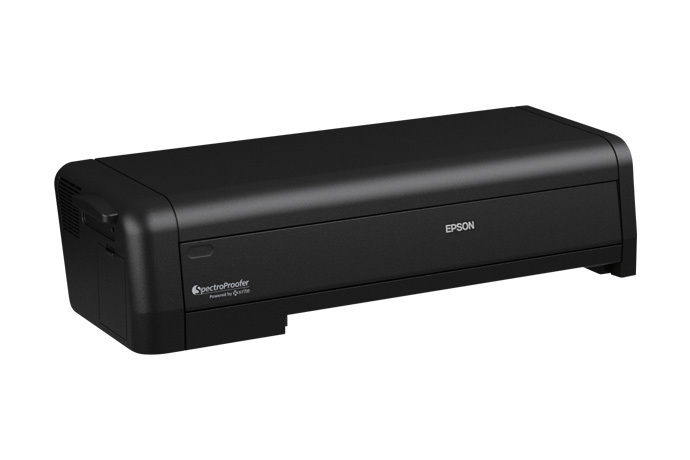 JFM Technology Black epson printer with spectroproofer branding on the front left viewed from a low angled perspective