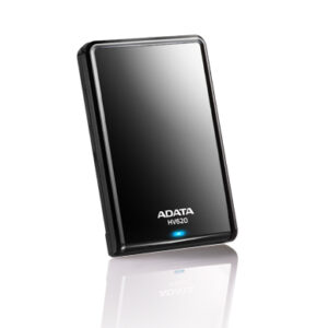 JFM Technology ADATA HV620 external portable hard drive standing upright with a glossy black finish