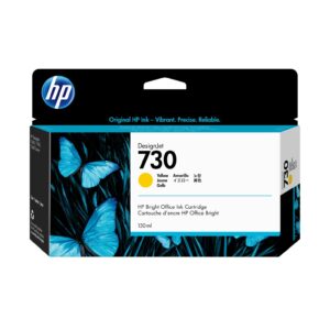 Hp ink cartridge box with blue butterfly artwork and hp logo on black packaging mentions designjet 730 and color information on label