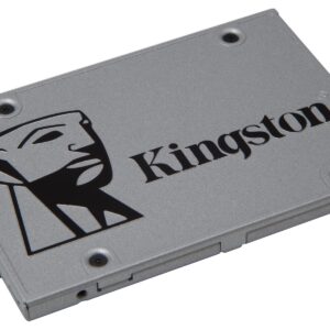Kingston metal storage drive enclosure with screws and logo visible on a gray case