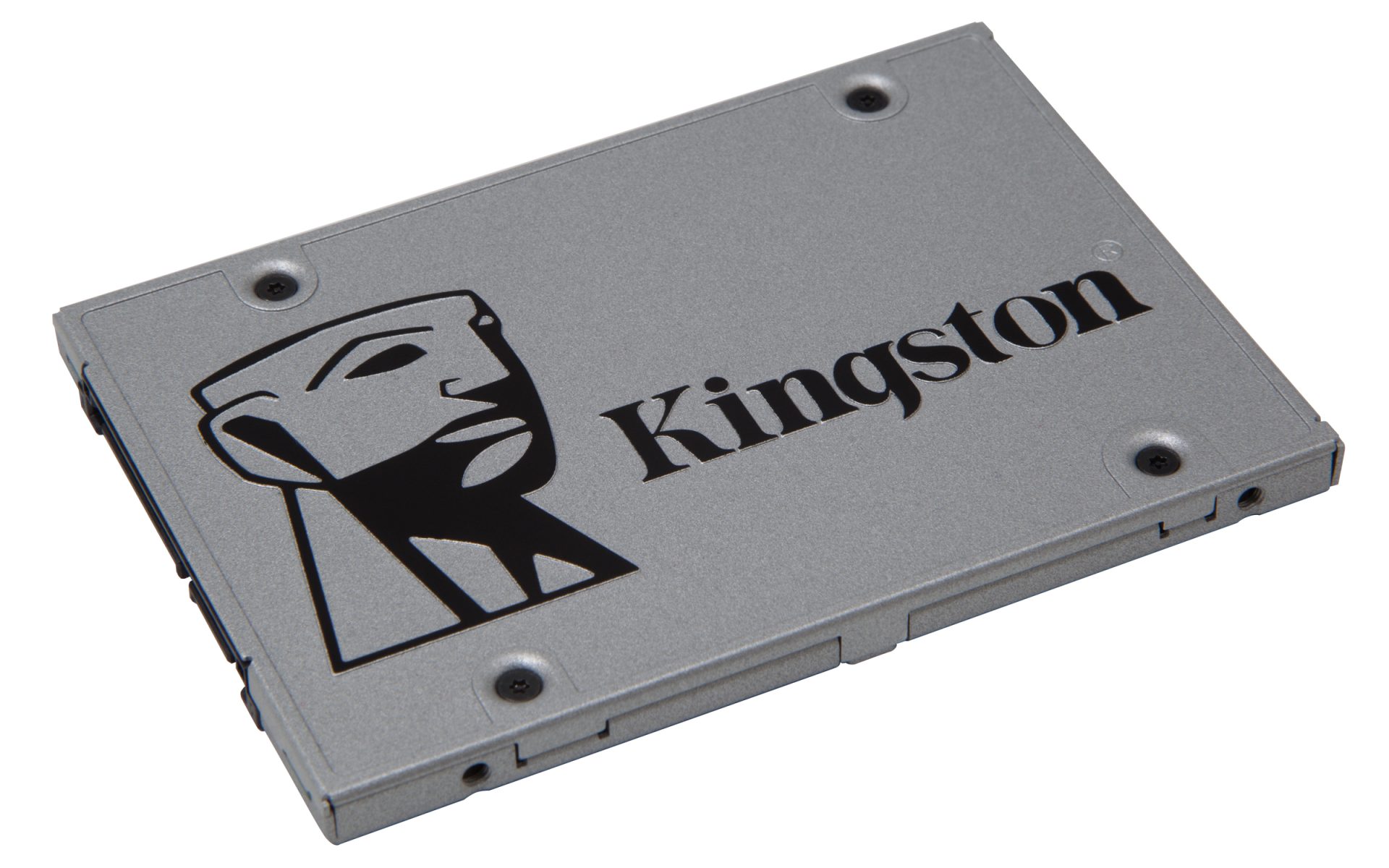 JFM Technology Kingston metal storage drive enclosure with screws and logo visible on a gray case