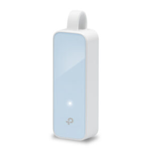 White handheld device with a light blue front panel and a looped top handle on white background