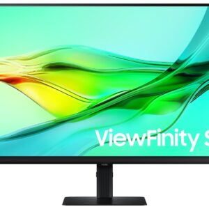 JFM Technology Samsung viewfinity s6 monitor on a black stand with a bright turquoise green abstract wallpaper