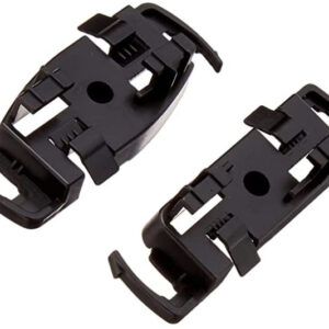 Pair of black bicycle toe clip adapters with mounting holes viewed from above without straps