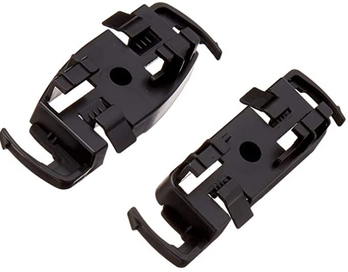 JFM Technology Pair of black bicycle toe clip adapters with mounting holes viewed from above without straps