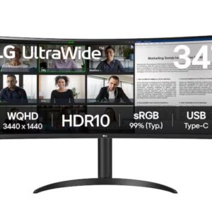 JFM Technology LG UltraWide monitor on a stand showing a video conference grid and a document with labels WQHD 3440x1440 HDR10 sRGB 99 USB C