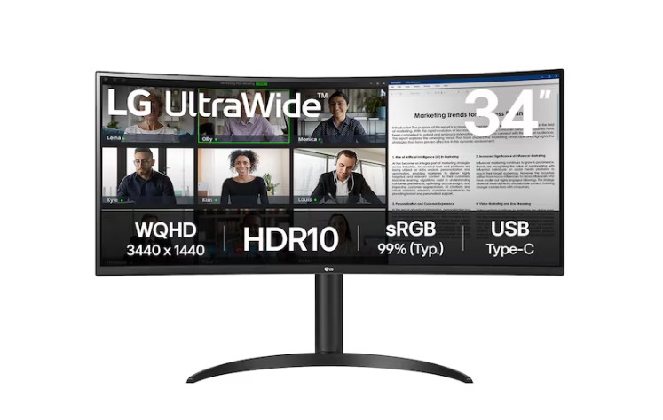JFM Technology LG UltraWide monitor on a stand showing a video conference grid and a document with labels WQHD 3440x1440 HDR10 sRGB 99 USB C