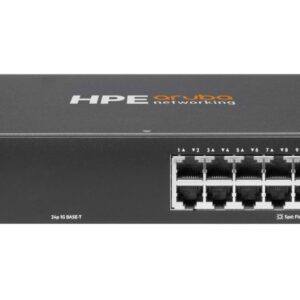 Front view of an hpe networking switch with 24 two rows of rj45 ports and two 1g sfp uplink modules on the left rack mountable black metal chassis