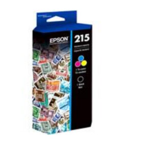 JFM Technology Box for epson 215 color ink cartridge front shows colorful stamp like artwork and branding on a dark side panel with color dots