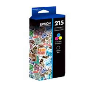 JFM Technology Box for Epson 215 color ink cartridge front shows colorful stamp like artwork and branding on a dark side panel with color dots