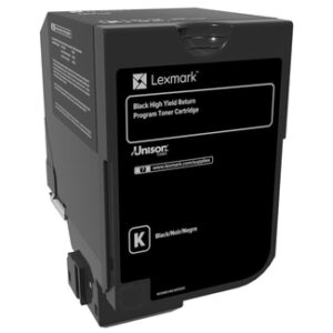 Lexmark black high yield return program toner cartridge in its packaging with a black front label and Lexmark logo on the front panel