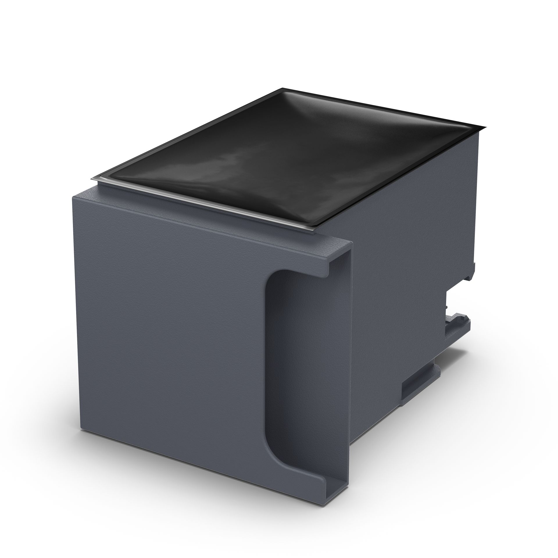 JFM Technology Gray industrial metal cabinet with a slanted glossy black lid and a small open slot on the side edge