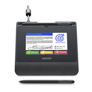 JFM Technology Wacom signature pad with attached stylus showing a screen with a Terms and Conditions card and AcceptClearCancel buttons on the display area