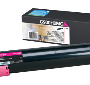JFM Technology Black toner cartridge with pink and teal ends placed beside its lexmark box labeled c930h2mg