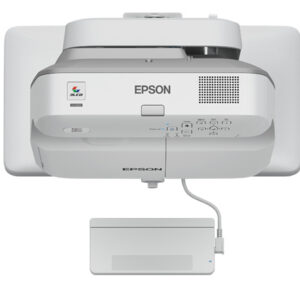 Ceiling mounted epson projector with wall plate and a rectangular poweradapter box connected by a cable beneath it