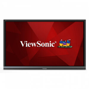 JFM Technology ViewSonic computer monitor displaying a red geometric background with three colorful birds on the bottom edge