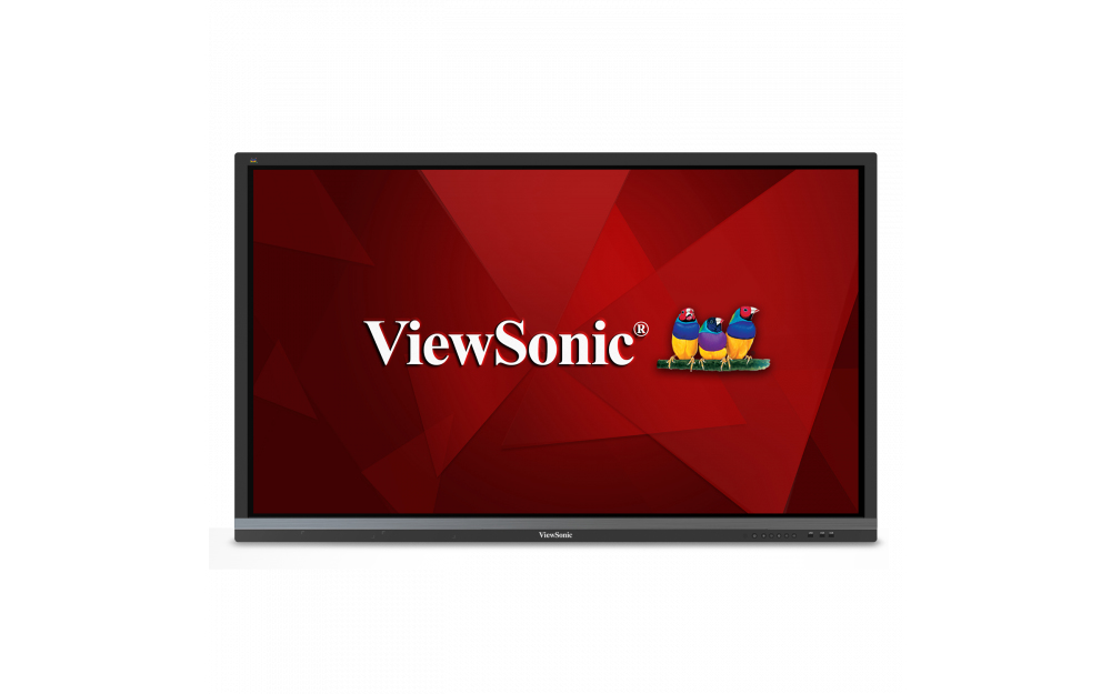 JFM Technology Viewsonic computer monitor displaying a red geometric background with three colorful birds on the bottom edge